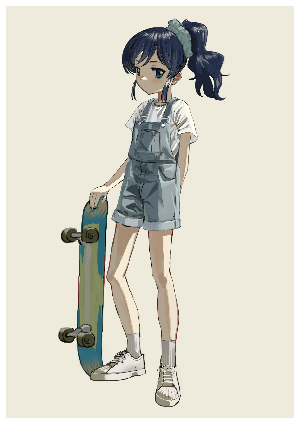 sqq, kiriya aoi, aikatsu!, aikatsu! (series), bad id, bad pixiv id, highres, 1girl, alternate costume, arm behind back, blue eyes, blue hair, border, brown background, closed mouth, expressionless, full body, grey overalls, holding, holding skateboard, looking at viewer, medium hair, overall shorts, overalls, ponytail, scrunchie, shirt, shoes, short sleeves, simple background, skateboard, sneakers, socks, solo, standing, t-shirt, white border, white shirt, white socks