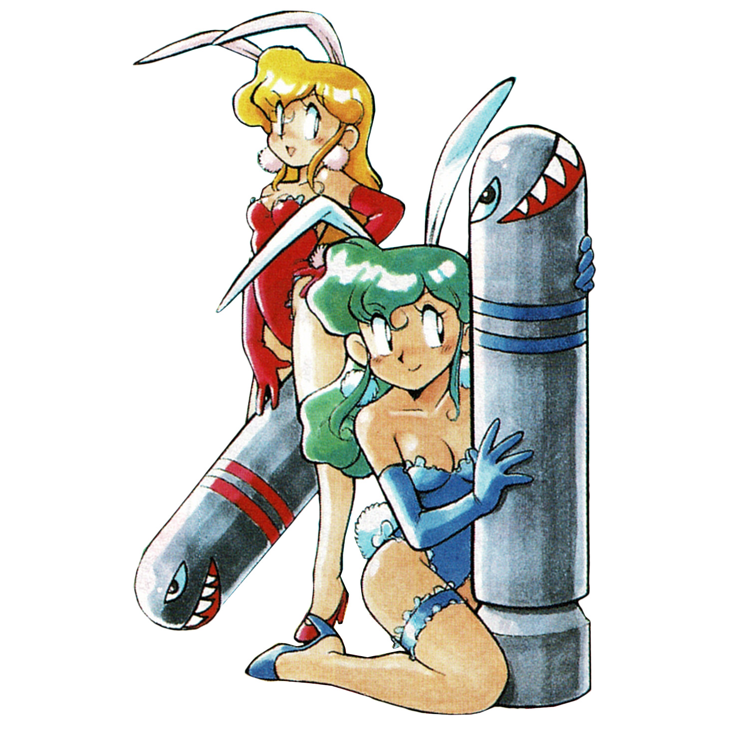akane (parodius), hikaru (parodius), parodius, highres, non-web source, official art, scan, 1990s (style), 2girls, animal ears, aqua hair, between legs, blonde hair, blue leotard, blue shoes, breasts, cleavage, earrings, elbow gloves, fake animal ears, fake tail, gloves, high heels, jewelry, leotard, long hair, looking at viewer, missile, multiple girls, open mouth, playboy bunny, pumps, rabbit ears, rabbit tail, red leotard, red shoes, retro artstyle, shoes, simple background, smile, strapless, strapless leotard, tail, white background