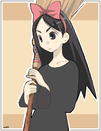 niea, kiki (majo no takkyuubin), kitsu chiri, majo no takkyuubin, sayonara zetsubou sensei, studio ghibli, lowres, 1girl, black hair, bow, broom, cosplay, female focus, hair bow, kiki (majo no takkyuubin) (cosplay), long hair, oekaki, parted bangs, solo, witch
