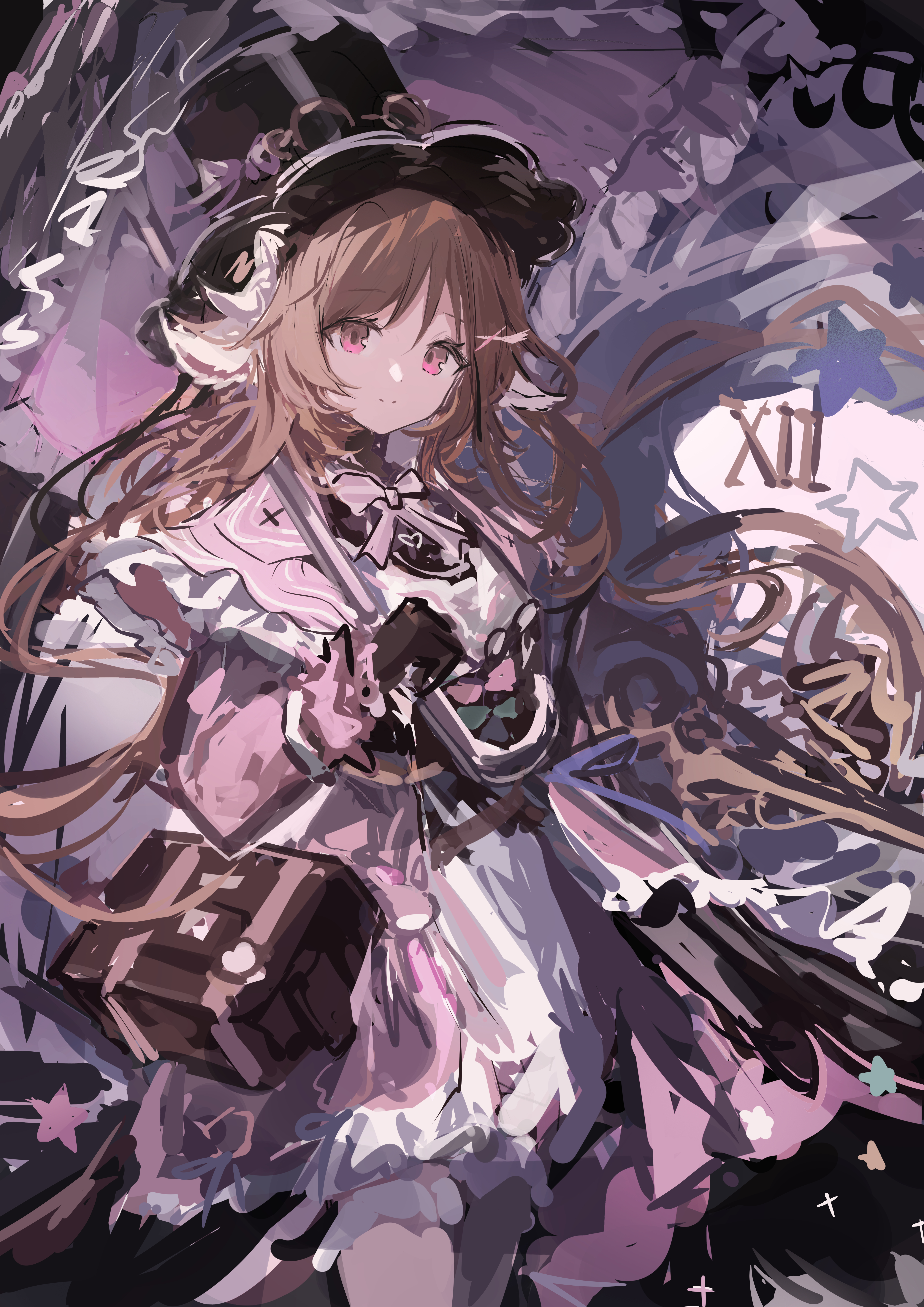 laoshi wo hao e, eyjafjalla (arknights), arknights, sanrio, absurdres, chinese commentary, commentary request, highres, 1girl, animal ears, black gloves, black hat, bow, bowtie, brown bag, brown hair, dot nose, dress, eyjafjalla (fluffy little witch) (arknights), gloves, hair spread out, hat, holding, holding umbrella, horns, long hair, long sleeves, looking at viewer, parasol, pink bow, pink bowtie, pink dress, pink eyes, sheep ears, sheep girl, sheep horns, smile, solo, split mouth, star (symbol), top hat, umbrella, white horns