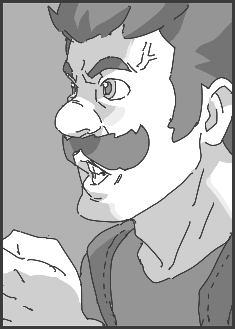 takamichi, mario, mario (series), nintendo, 1boy, adam's apple, anger vein, clenched teeth, facial hair, gloves, greyscale, male focus, monochrome, mustache, no headwear, portrait, profile, solo, teeth