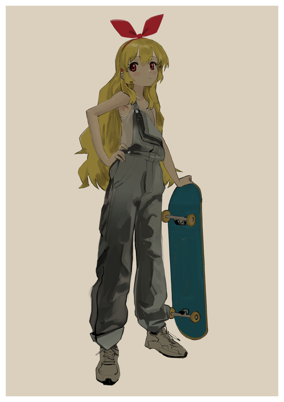 sqq, hoshimiya ichigo, aikatsu!, aikatsu! (series), bad id, bad pixiv id, highres, 1girl, alternate costume, blonde hair, blush, border, bow, brown background, closed mouth, full body, grey overalls, hairband, hand on own hip, holding, holding skateboard, long hair, looking at viewer, overalls, red bow, red eyes, shoes, skateboard, sleeveless, sneakers, solo, standing, tank top, white border, white tank top