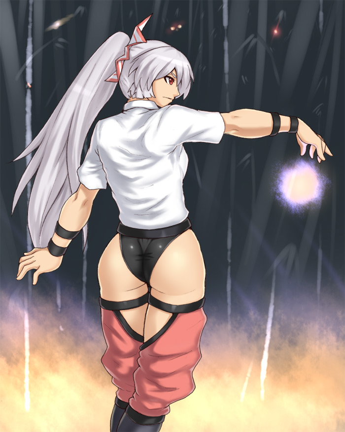 houtengeki, fujiwara no mokou, touhou, silver hair, 1girl, ass, female focus, glowing, glowing eyes, long hair, panties, red eyes, ribbon, solo, underwear