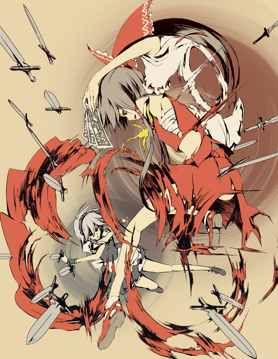 itaya tatsumi, hakurei reimu, izayoi sakuya, touhou, silver hair, highres, 2girls, battle, black hair, braid, detached sleeves, female focus, hairband, japanese clothes, knife, long hair, maid, miko, multiple girls, ofuda, ribbon, sarashi, short hair, skirt, throwing knife, torn clothes, twin braids, weapon