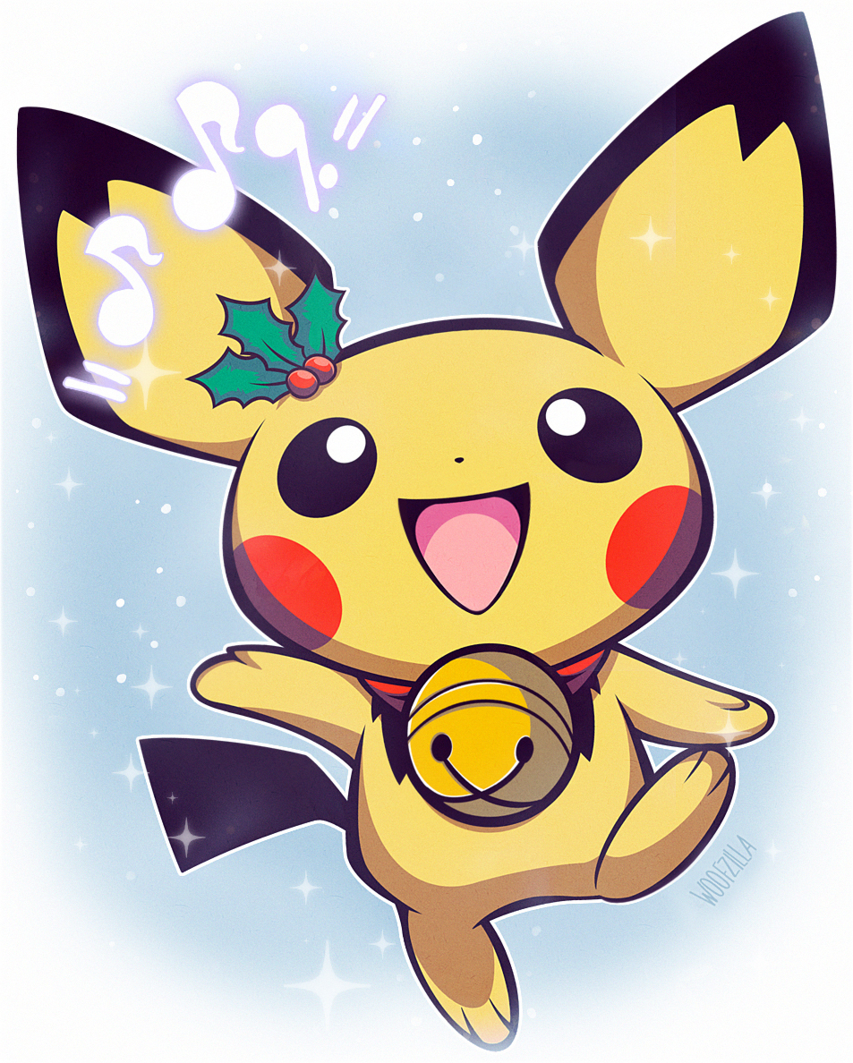 woofzilla, pichu, nintendo, pokemon, commentary, commentary request, english commentary, mixed-language commentary, arm up, bell, black eyes, bright pupils, full body, gen 2 pokemon, hair ornament, happy, holly hair ornament, jingle bell, music, musical note, no humans, open mouth, pokemon (creature), singing, solo, sparkle, white pupils