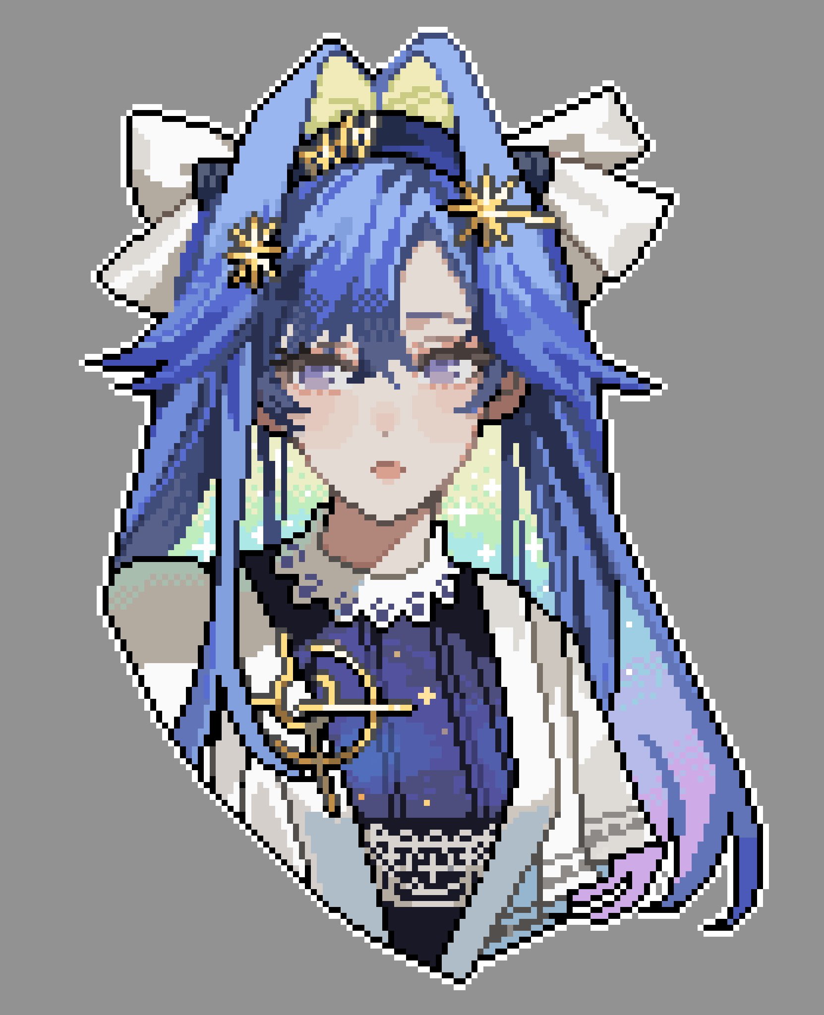 ajinasi nori, voyager (reverse:1999), reverse:1999, highres, 1girl, black hairband, blonde hair, blue eyes, blue hair, cropped torso, dress, gradient hair, grey background, hair intakes, hair ornament, hairband, long hair, looking at viewer, multicolored hair, pixel art, portrait, purple hair, solo, star (symbol), star hair ornament, white dress