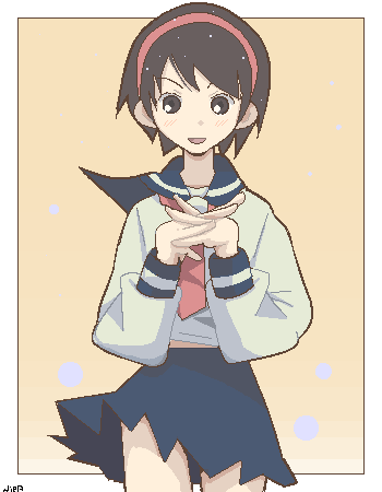 niea, fuura kafuka, sayonara zetsubou sensei, lowres, 00s, alternate hairstyle, black hair, brown eyes, hairband, oekaki, own hands clasped, own hands together, school uniform, short hair, solo