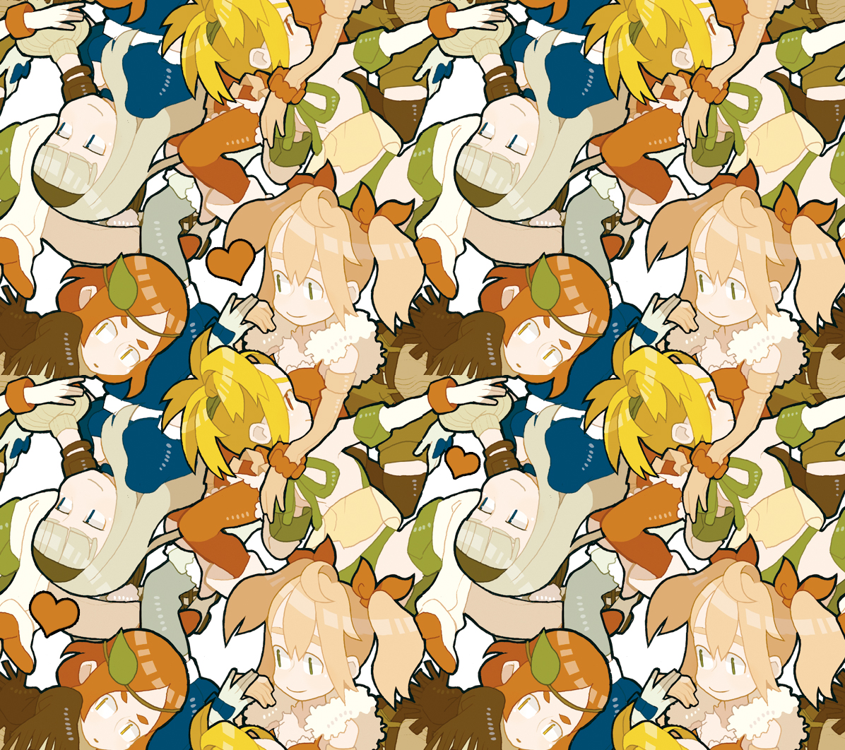 haruo (clownberry), original, eyebrows, grey legwear, red legwear, silver hair, bad id, bad pixiv id, 4girls, bikini, blonde hair, blunt bangs, bob cut, boots, bow, bracelet, desktop pattern, dress, elbow gloves, fantasy, fringe trim, gloves, hair bow, hairband, headband, heart, jewelry, long hair, multiple girls, pink hair, ponytail, puffy short sleeves, puffy sleeves, red hair, short sleeves, shorts, smile, swimsuit, thigh boots, thighhighs, tileable, twintails