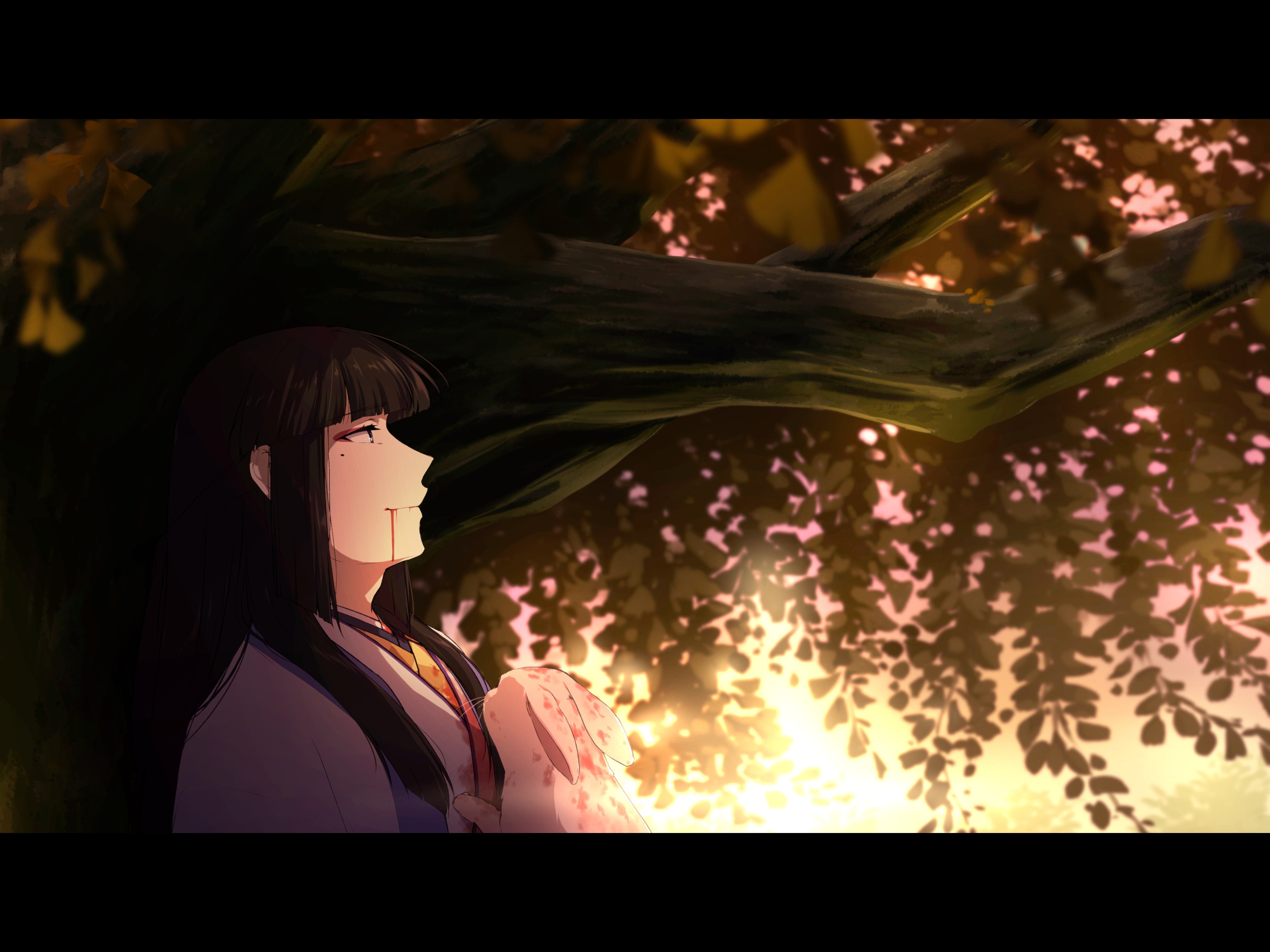 artifedex, original, absurdres, commentary, english commentary, highres, 1boy, black hair, blood, blood from mouth, blood on clothes, blue eyes, eyeliner, from side, japanese clothes, letterboxed, long hair, makeup, male focus, mole, mole under eye, rabbit, red eyeliner, smile, solo, sunset, tree, upper body