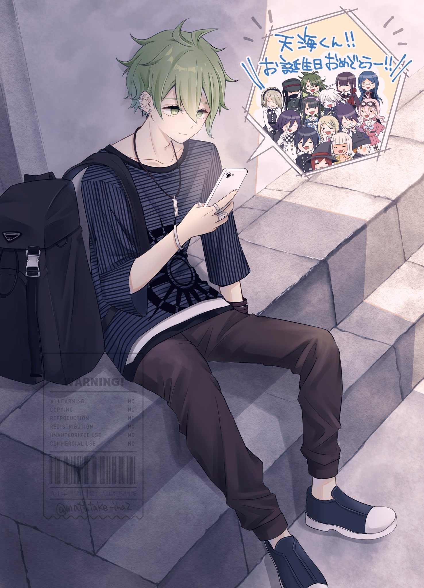 matsutake (uwataaa06-gaaa30), akamatsu kaede, amami rantaro, chabashira tenko, gokuhara gonta, harukawa maki, hoshi ryoma, iruma miu, k1-b0, momota kaito, oma kokichi, saihara shuichi, shinguji korekiyo, shirogane tsumugi, tojo kirumi, yonaga angie, yumeno himiko, danganronpa (series), danganronpa v3: killing harmony, commentary request, highres, translation request, 1boy, antenna hair, black bag, brown pants, ear piercing, earrings, everyone, green eyes, green hair, holding, holding phone, jewelry, long sleeves, pants, phone, piercing, shirt, shoes, sitting, smile, striped clothes, striped shirt, watermark