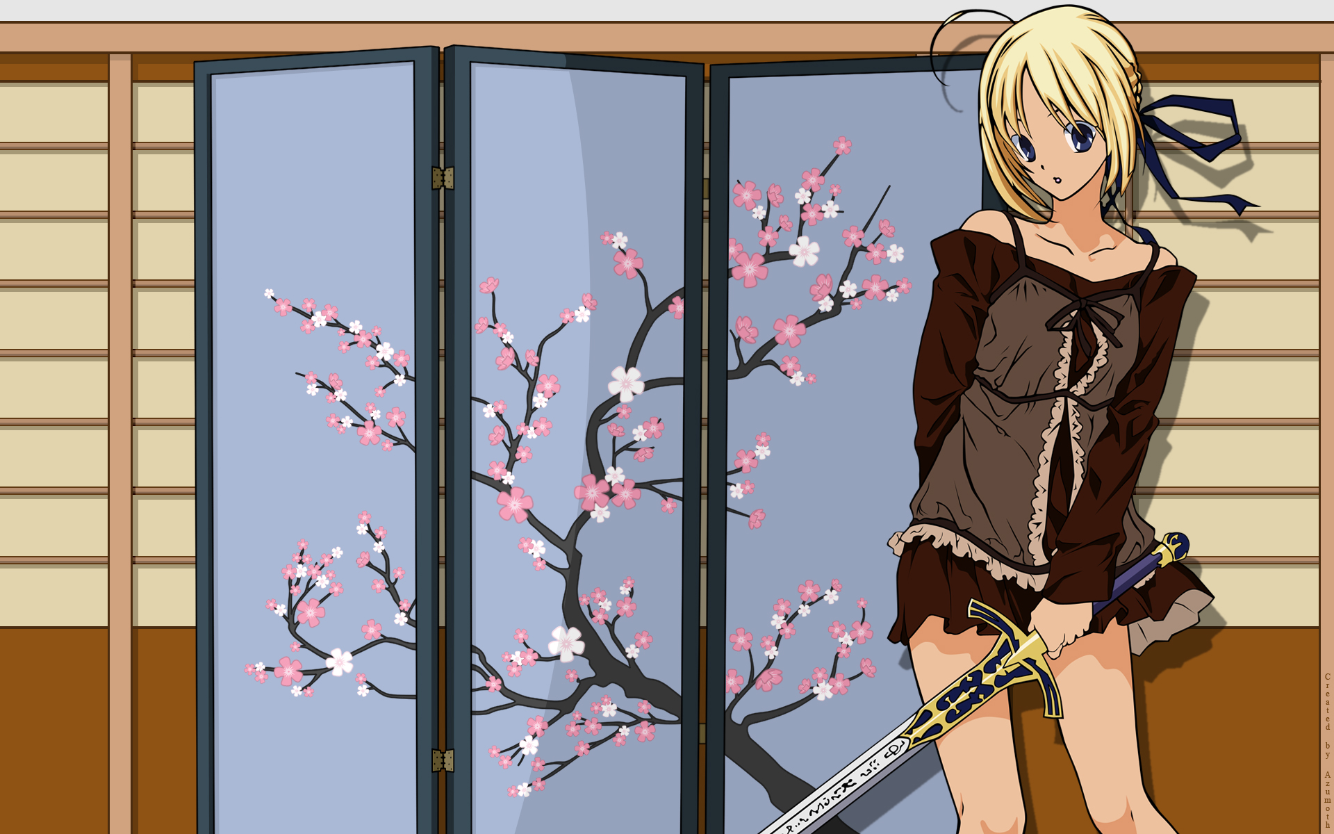 artoria pendragon (fate), saber (fate), fate/stay night, fate (series), highres, 00s, blonde hair, cherry blossoms, excalibur (fate/stay night), miniskirt, skirt, sword, weapon