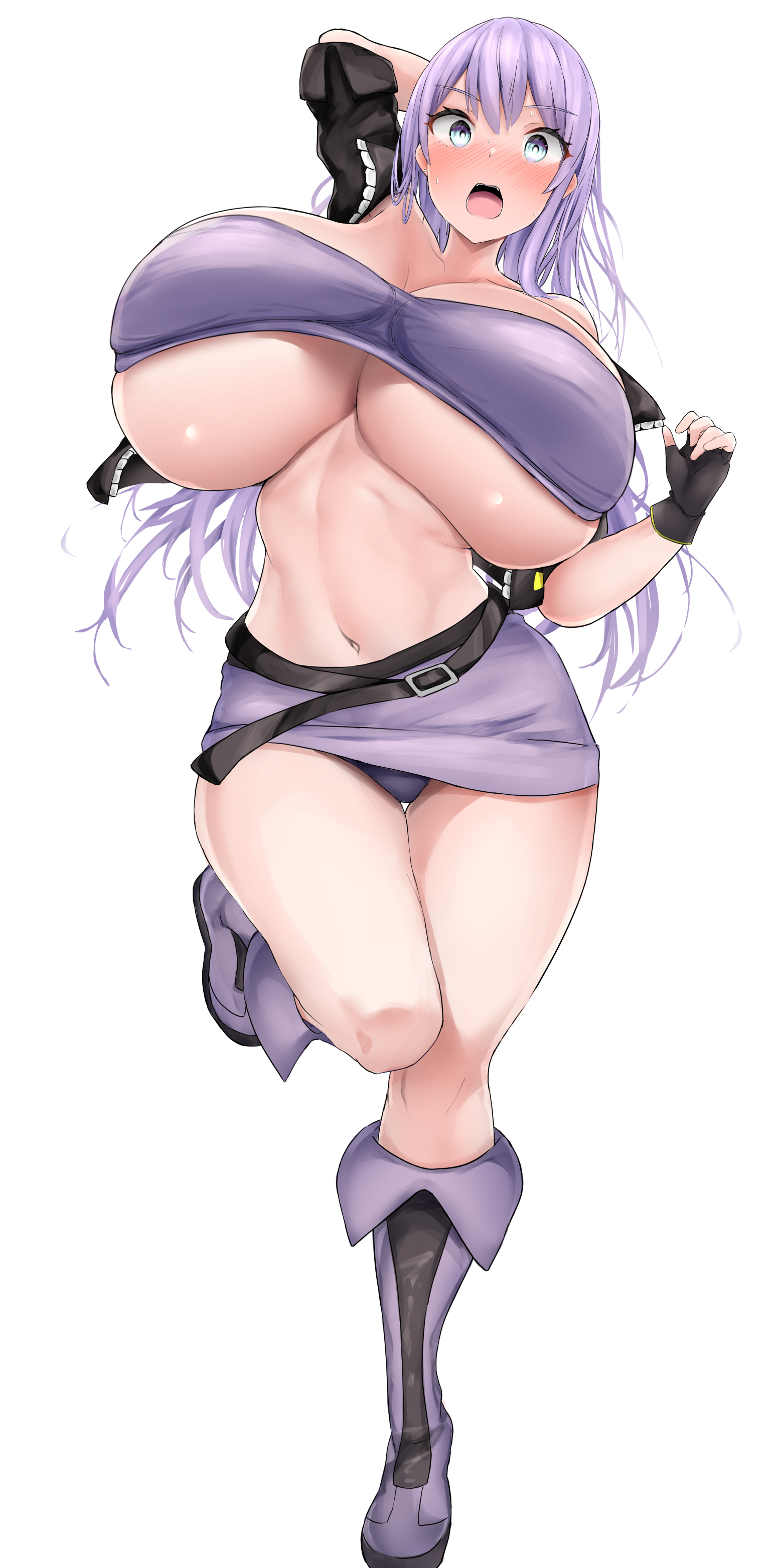 yuuki shuri, blaze fielding, kisaragi reona, kyuukyoku shinka shita full dive rpg ga genjitsu yori mo kusoge dattara, streets of rage, absurdres, commission, highres, pixiv commission, 1girl, arm behind head, bandeau, bare shoulders, belt, black gloves, black jacket, blush, boots, breasts, embarrassed, fingerless gloves, full body, gloves, huge breasts, jacket, long hair, looking at viewer, midriff, miniskirt, navel, open clothes, open jacket, open mouth, panties, purple bandeau, purple boots, purple eyes, purple panties, purple skirt, simple background, skirt, solo, standing, standing on one leg, strapless, sweat, thigh gap, thighs, underboob, underwear, white background