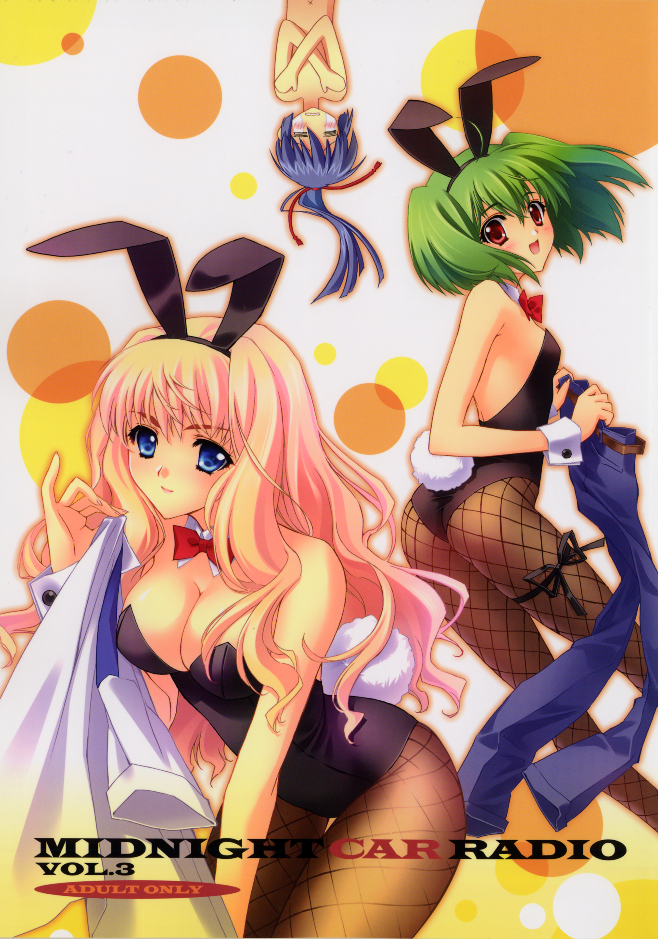 carnelian, ranka lee, saotome alto, sheryl nome, macross, macross frontier, absurdres, highres, scan, 00s, 1boy, 2girls, animal ears, ass, blue eyes, breasts, cleavage, fake animal ears, green hair, medium breasts, multiple girls, pantyhose, playboy bunny, rabbit ears, red eyes, small breasts