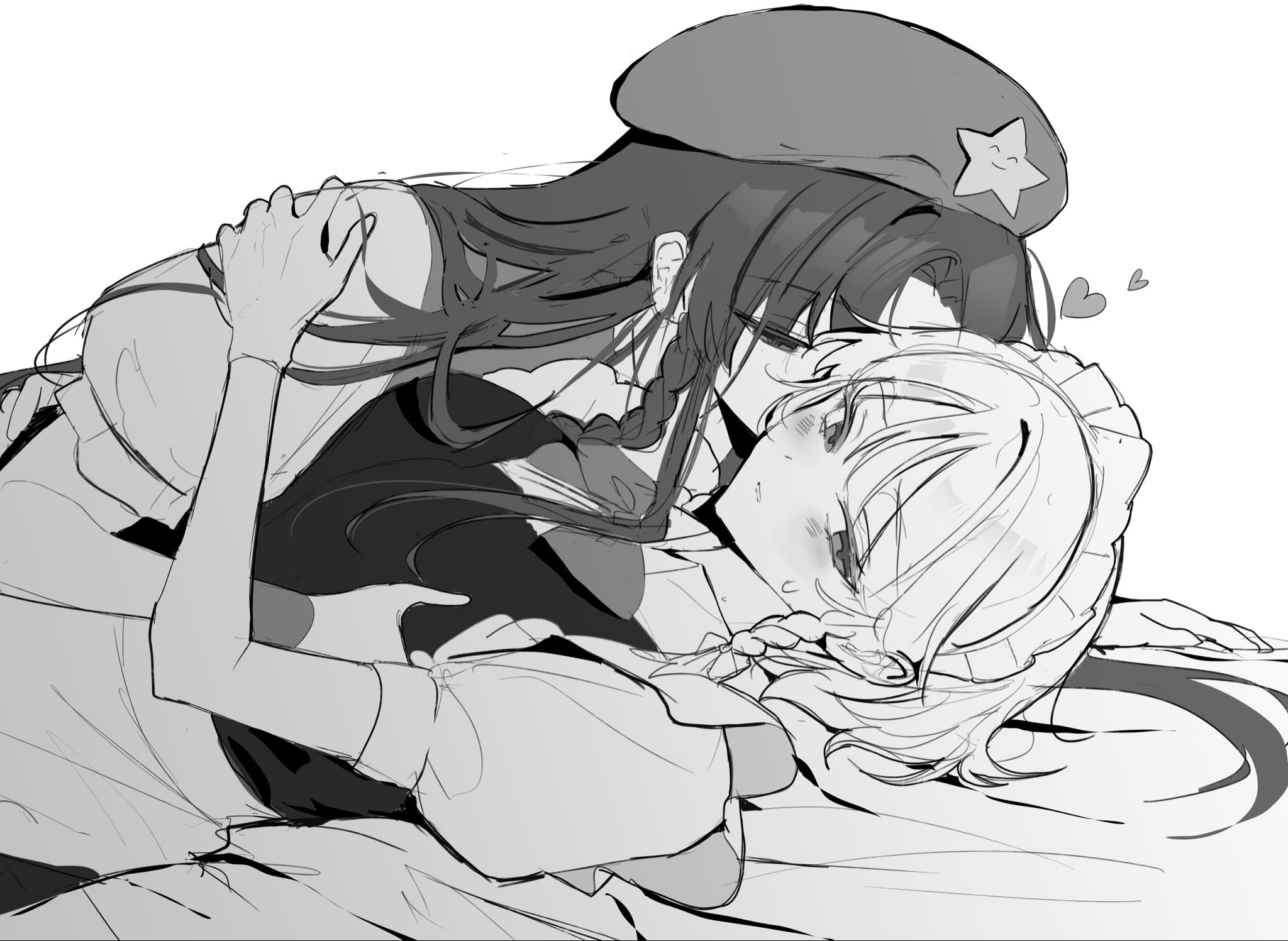 sarukana, hong meiling, izayoi sakuya, touhou, highres, 2girls, apron, beret, bow, bowtie, braid, breasts, girl on top, grabbing another's breast, greyscale, groping, hair between eyes, hair over one eye, hand on another's shoulder, hat, hat ornament, heart, kiss, kissing neck, long hair, lying, maid headdress, medium breasts, medium hair, monochrome, multiple girls, puffy short sleeves, puffy sleeves, short sleeves, side braids, star (symbol), star hat ornament, upper body, yuri