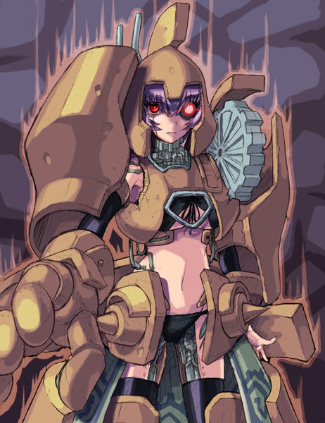ancient gear golem, yu-gi-oh!, yu-gi-oh! duel monsters, light purple hair, 1girl, armor, aura, duel monster, female focus, glowing, golem, hair between eyes, machine, mecha, monster girl, personification, red eyes, robot, short hair, solo, standing, weapon