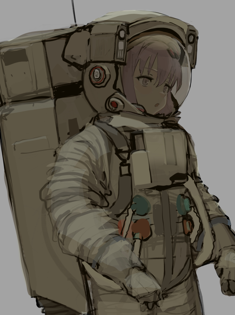 sqq, yuzuki yukari, vocaloid, voiceroid, bad id, bad pixiv id, 1girl, alternate costume, astronaut, backpack, bag, cowboy shot, grey background, hair ornament, helmet, looking ahead, open mouth, purple eyes, purple hair, simple background, solo, space helmet, spacesuit, standing