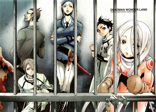 kondou kazuma, igarashi ganta, makina (deadman wonderland), shiro (character), shiro (deadman wonderland), takami yoh, takami you, tamaki tsunenaga, deadman wonderland, arm grab, lowres, official art, 2girls, 3boys, :o, against wall, age difference, albino, belt, bent over, beret, black hair, bodysuit, boots, breasts, brown hair, buttons, clenched hand, collar, copyright name, crossed arms, crossed legs, evil grin, evil smile, foreshortening, formal clothes, glasses, grey hair, grin, hair between eyes, hair over one eye, hand on own hip, hat, indoors, jacket, large breasts, lips, lipstick, lock, long hair, looking back, makeup, military, military uniform, mittens, multiple boys, multiple girls, necktie, open mouth, padlock, pants, parted lips, prison, prison clothes, rapier, red eyes, shadow, sheath, short hair, sidelocks, sitting, skin tight, smile, spiked hair, standing, suit, sword, very long hair, weapon, white hair