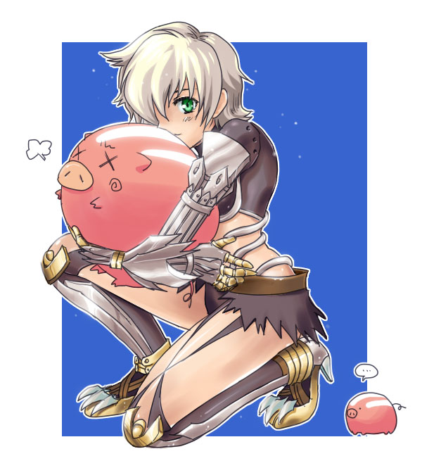 guillotine cross (ragnarok online), savage babe, ragnarok online, commentary request, 1girl, armor, armored boots, bikini armor, blue background, blush, boots, closed mouth, full body, gauntlets, green eyes, grey hair, hair over one eye, hug, looking at viewer, odyssan, on one knee, piglet, red armor, short hair, smile, solo, two-tone background, white background