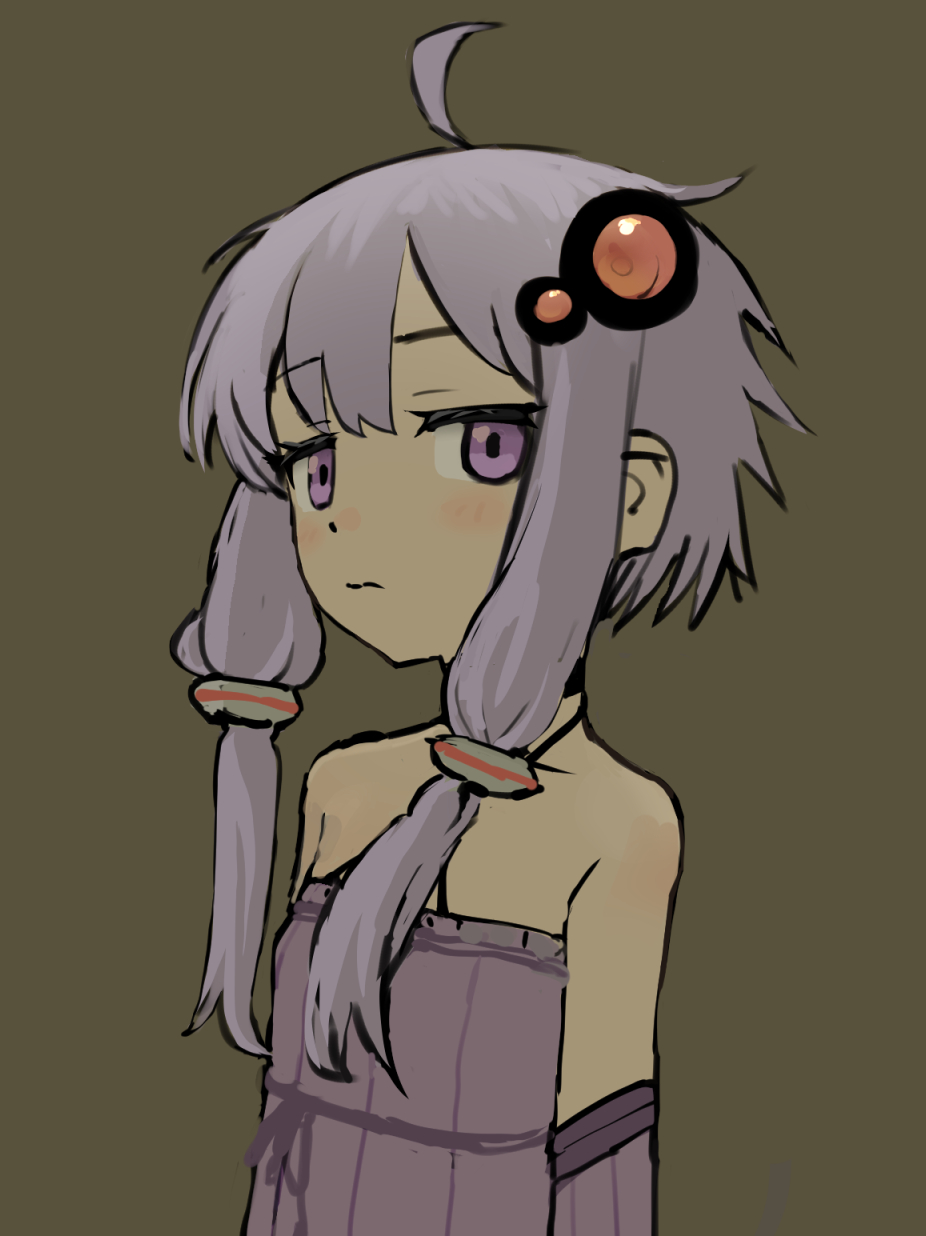 sqq, yuzuki yukari, vocaloid, voiceroid, bad id, bad pixiv id, highres, 1girl, ahoge, arms at sides, bare shoulders, blush, breasts, brown background, closed mouth, detached sleeves, dress, empire waist, hair ornament, halter dress, halterneck, long hair, looking at viewer, no jacket, purple dress, purple eyes, purple hair, ribbed dress, short hair with long locks, sidelocks, simple background, small breasts, solo, upper body