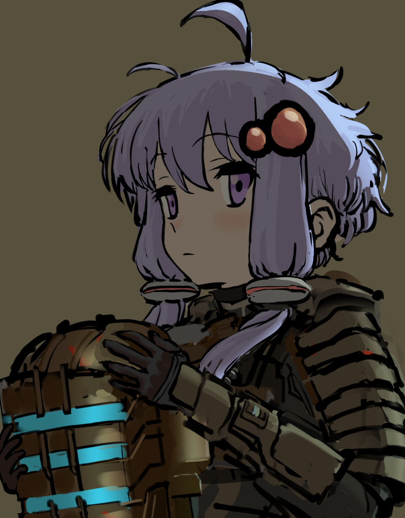 sqq, isaac clarke, yuzuki yukari, dead space (series), vocaloid, voiceroid, bad id, bad pixiv id, 1girl, ahoge, armor, black bodysuit, bodysuit, brown background, closed mouth, cosplay, expressionless, hair ornament, helmet, holding, holding unworn helmet, isaac clarke (cosplay), long hair, looking at viewer, pauldrons, purple eyes, purple hair, short hair with long locks, shoulder armor, sidelocks, simple background, solo, spacesuit, unworn headwear, unworn helmet, upper body