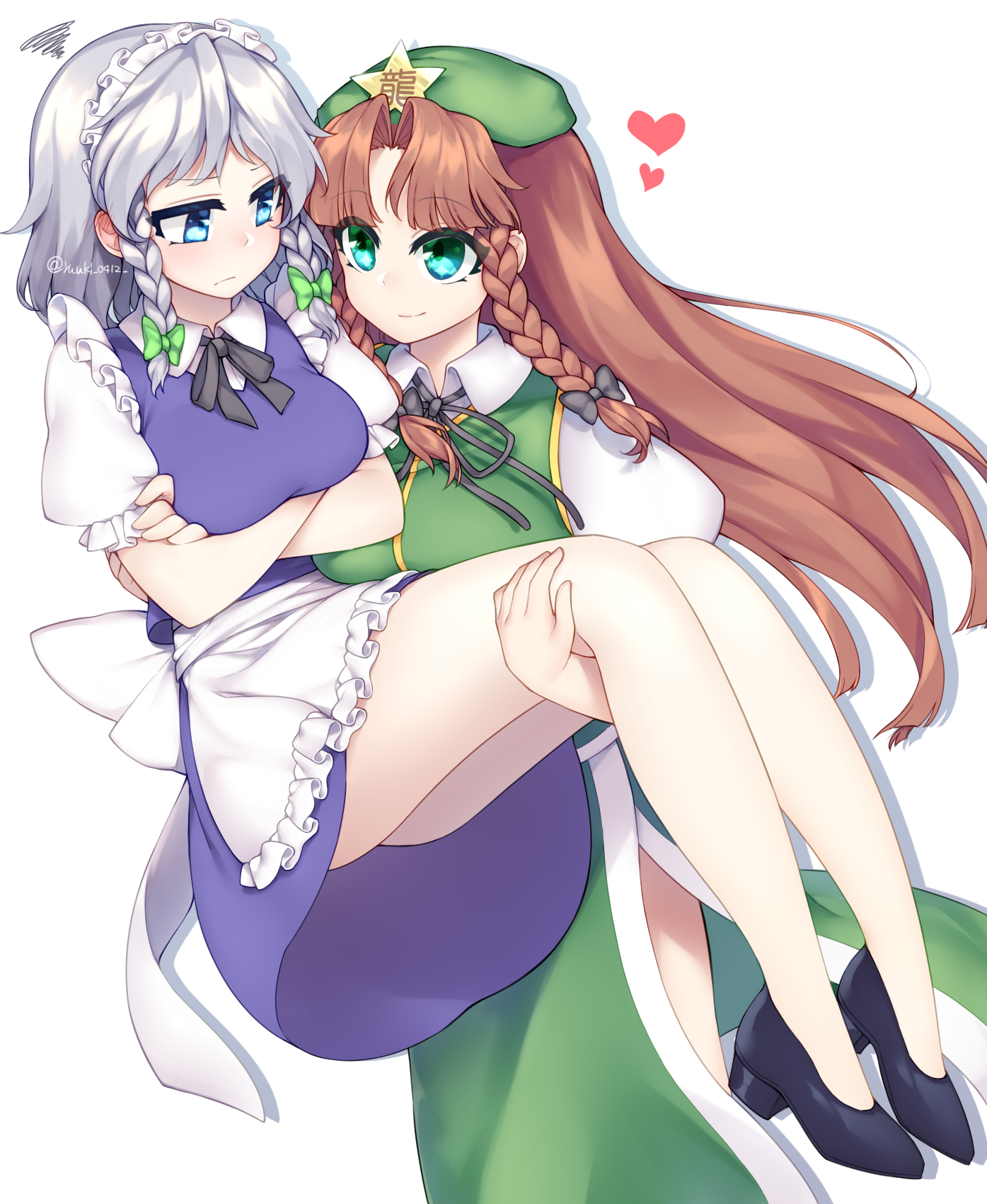 youji (ohudousann), hong meiling, izayoi sakuya, touhou, commentary, highres, redrawn, 2girls, apron, arms under breasts, ass, bare arms, bare legs, beret, black bow, black ribbon, black shoes, blue dress, bow, braid, braided sidelock, breasts, brown hair, carrying, chinese clothes, crossed arms, curtained hair, dress, eye contact, frilled apron, frilled sleeves, frills, green bow, green hat, green skirt, green vest, grey hair, hair bow, hat, hat ornament, heart, high heels, light smile, long hair, looking at another, maid, maid apron, maid headdress, medium breasts, multiple girls, neck ribbon, princess carry, puffy short sleeves, puffy sleeves, ribbon, shirt, shoes, short sleeves, simple background, skirt, skirt set, squiggle, star (symbol), star hat ornament, straight hair, twin braids, very long hair, vest, waist apron, white apron, white background, white shirt, yuri