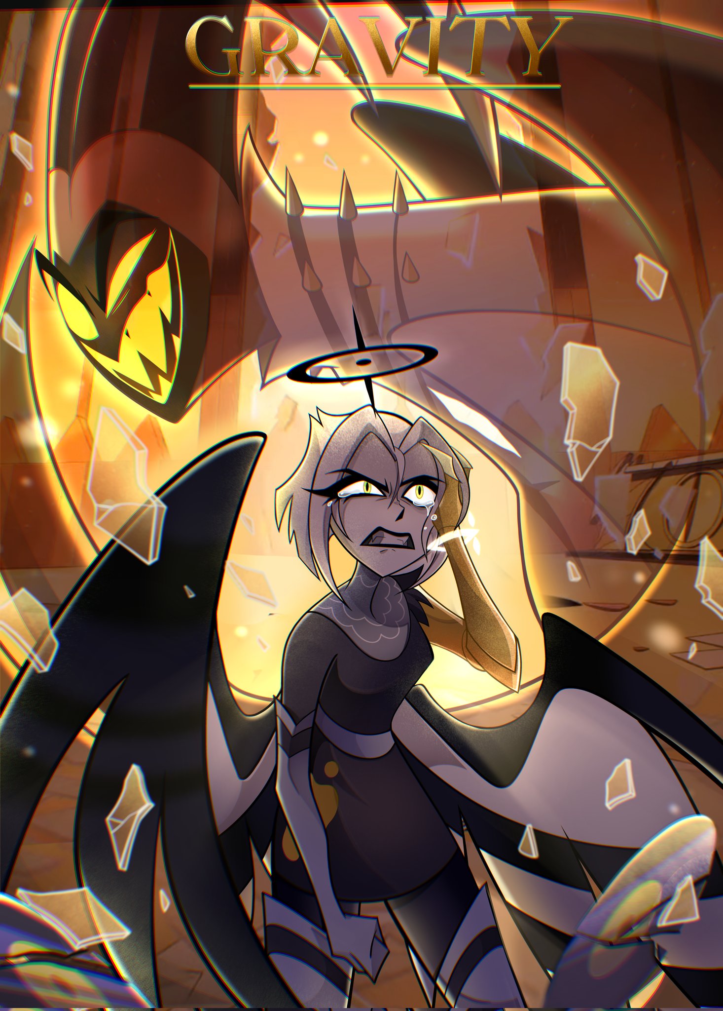 chandllucky, adam (hazbin hotel), lute (hazbin hotel), hazbin hotel, hellaverse, commentary, english commentary, highres, 1boy, 1girl, angel, black dress, black wings, boots, broken glass, clenched hand, dress, english text, glass, gloves, glowing, glowing eyes, gravity (hazbin hotel), grin, halo, horns, parted bangs, sharp teeth, short hair, smile, teeth, thigh boots, white boots, white gloves, wings, yellow eyes