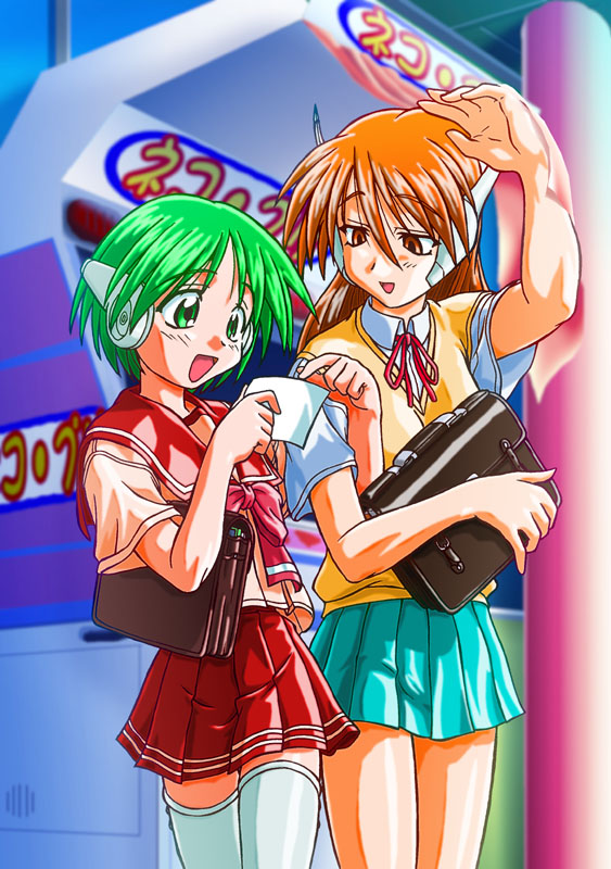 multi (to heart), serio (to heart), to heart, to heart (series), white legwear, 2girls, :o, arm up, bag, blue skirt, green eyes, green hair, holding, multiple girls, open mouth, orange hair, pleated skirt, red skirt, robot ears, school bag, short hair, skirt, sweater vest, thighhighs, zettai ryouiki