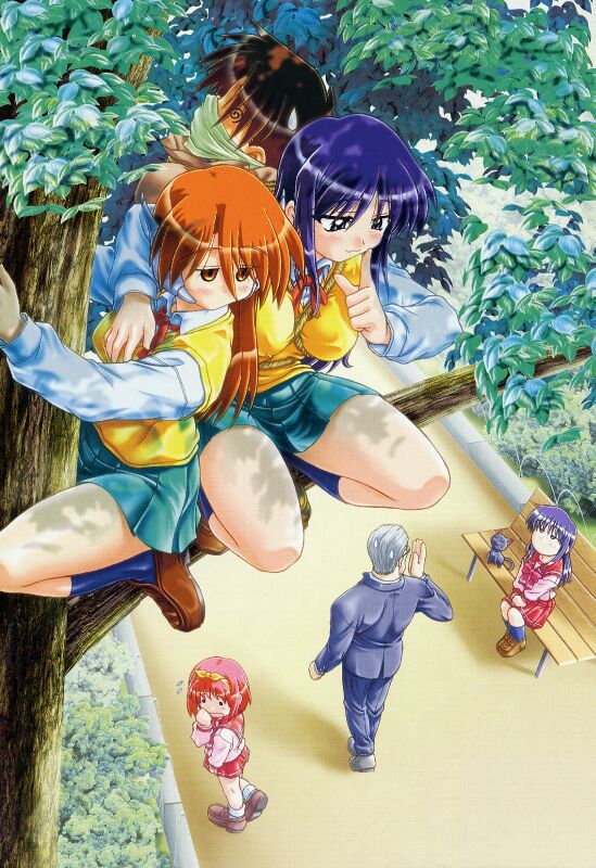 fujita hiroyuki, kamigishi akari, kurusugawa ayaka, kurusugawa serika, serio (to heart), to heart, to heart (series), 4girls, @ @, blush, cat, from above, in tree, multiple girls, school uniform, skirt, tree, unconscious