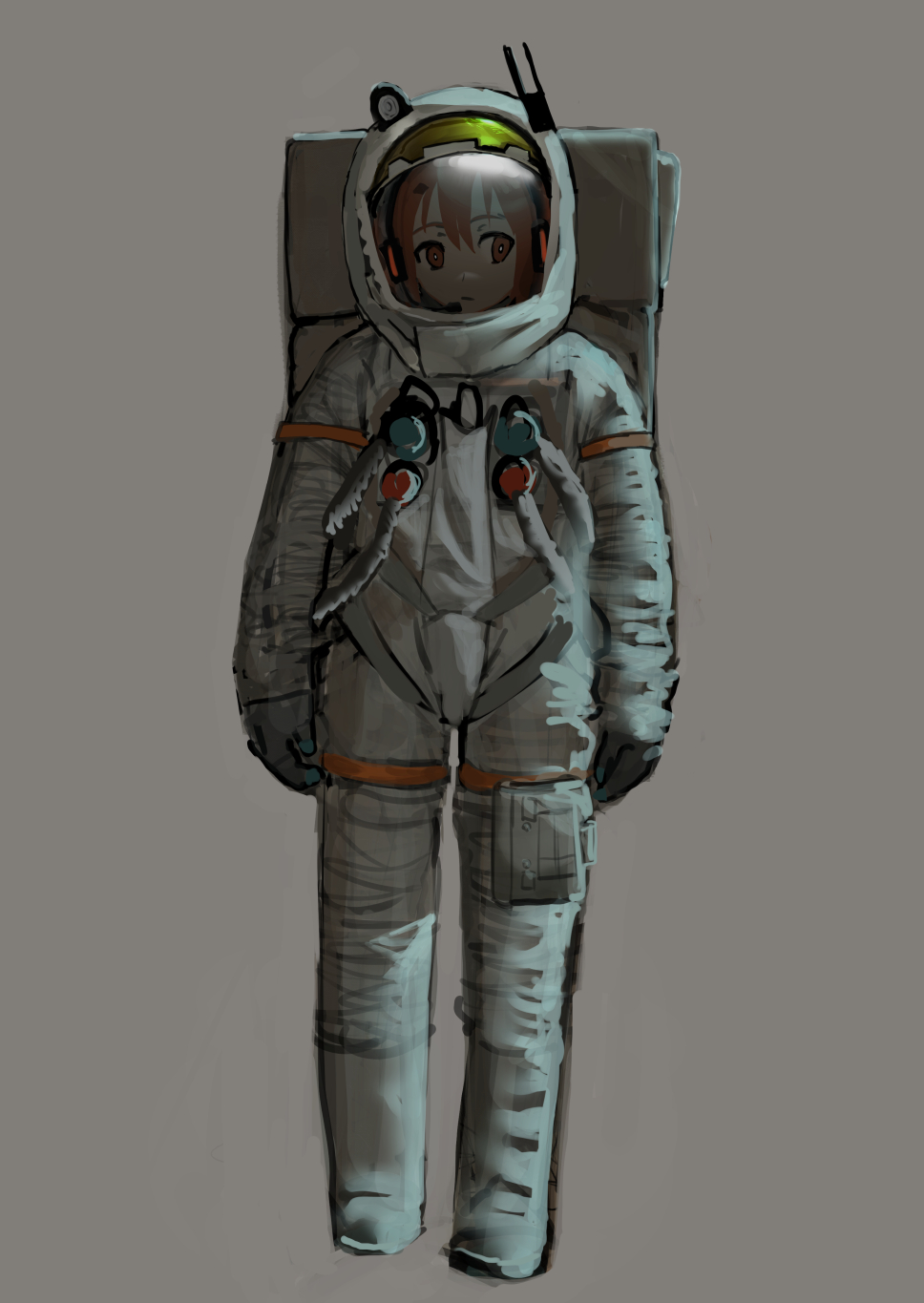 sqq, adachi rei, a.i. voice, utau, bad id, bad pixiv id, highres, 1girl, alternate costume, arms at sides, astronaut, backpack, bag, boots, full body, grey background, headlamp, headset, helmet, knee boots, looking to the side, orange eyes, orange hair, radio antenna, simple background, solo, space helmet, spacesuit, standing, white boots
