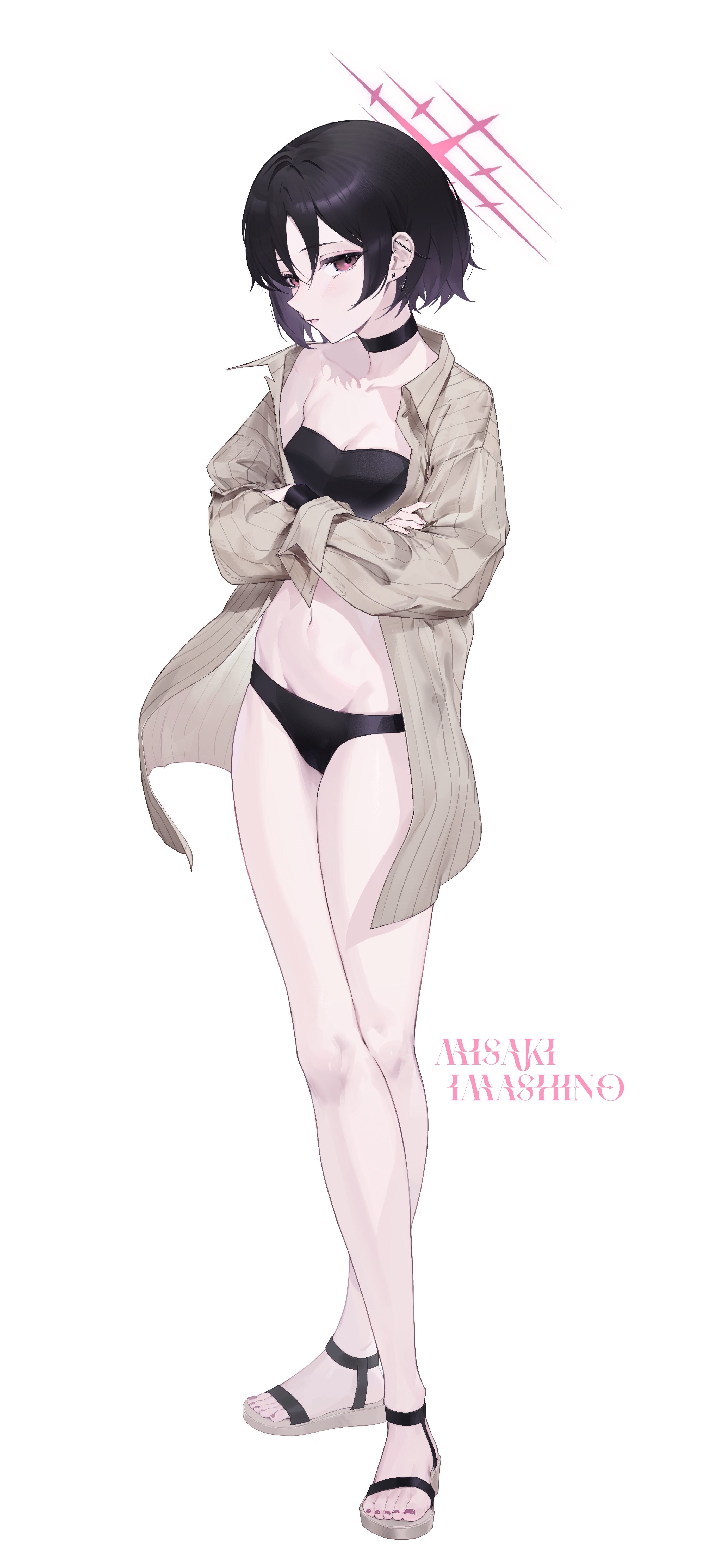 14yuruis, misaki (blue archive), misaki (swimsuit) (blue archive), blue archive, absurdres, highres, revision, 1girl, bare legs, bikini, black bikini, black hair, crossed arms, ear piercing, full body, halo, jacket, long sleeves, nail polish, open clothes, open jacket, parted lips, piercing, red eyes, sandals, short hair, simple background, solo, swimsuit, toenail polish, toenails, toes, white background