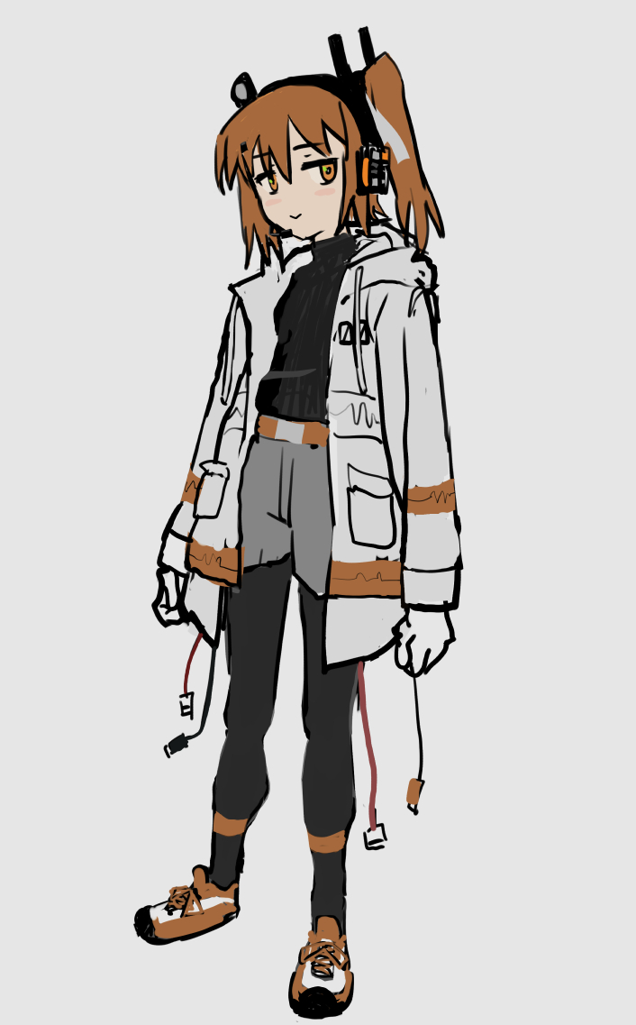 sqq, adachi rei, a.i. voice, utau, bad id, bad pixiv id, 1girl, :>, arms at sides, belt, black pantyhose, black shirt, blush, breasts, full body, gloves, grey shorts, hair ribbon, headlamp, headphones, jacket, jitome, long sleeves, looking at viewer, medium hair, one side up, open clothes, open jacket, orange belt, orange eyes, orange hair, pantyhose, pantyhose under shorts, radio antenna, ribbon, shirt, shoes, shorts, simple background, small breasts, smile, sneakers, solo, white background, white gloves, white jacket, white ribbon