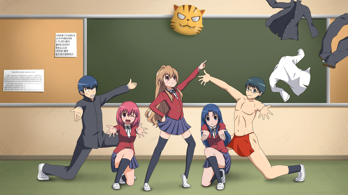 nmk, aisaka taiga, kawashima ami, kitamura yuusaku, kushieda minori, takasu ryuuji, hare hare yukai, suzumiya haruhi no yuuutsu, toradora!, bad id, bad pixiv id, 2boys, 3girls, fundoshi, japanese clothes, multiple boys, multiple girls, parody, shirt, thighhighs, undressing, unworn shirt, what