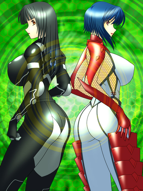 wyvern (w's lair), hibana, kusanagi motoko, ghost in the shell, ghost in the shell: stand alone complex, kunoichi (game), sega, shinobi (game), 2girls, armor, ass, black hair, blue hair, bodysuit, breasts, brown eyes, collar, cosplay, costume switch, covered erect nipples, crossover, huge breasts, long hair, multiple girls, ninja, nipples, short hair, sideboob, skin tight, spandex