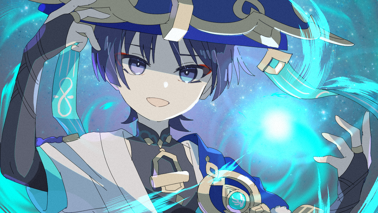 shuu (syuuuuuuuuuu), scaramouche (genshin impact), wanderer (genshin impact), genshin impact, commentary request, 1boy, :d, black gloves, black hair, black shirt, blue background, blue hat, blunt ends, elbow gloves, fingerless gloves, gloves, hand on headwear, hat, looking at viewer, male focus, open mouth, portrait, purple eyes, shirt, short hair, short sleeves, smile, solo