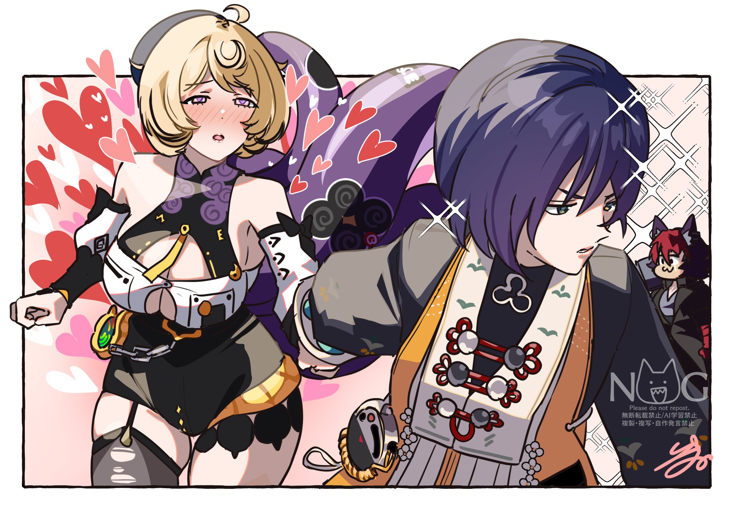 isuka, belle (delicate sunlight) (zenless zone zero), belle (zenless zone zero), yidhari murphy, zenless zone zero, highres, 1boy, 2girls, :3, beret, bishie sparkle, black hair, blonde hair, blue hair, blush, cd player, hat, heart, heart-shaped pupils, holding hands, multiple girls, purple eyes, red hair, short hair, single thighhigh, symbol-shaped pupils, tentacle tail, tentacles, thighhighs, yuri