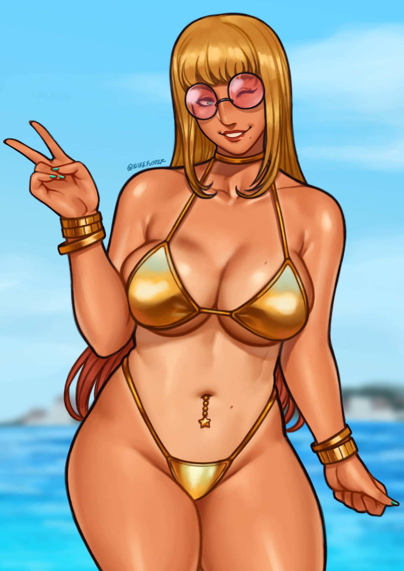 nire (nirefuster), original, highres, 1girl, beach, bikini, blonde hair, blue sky, blurry, blurry background, breasts, cleavage, gold bikini, large breasts, looking to the side, navel piercing, one eye closed, piercing, sky, smile, solo, sunglasses, swimsuit, tinted eyewear, v, wristband