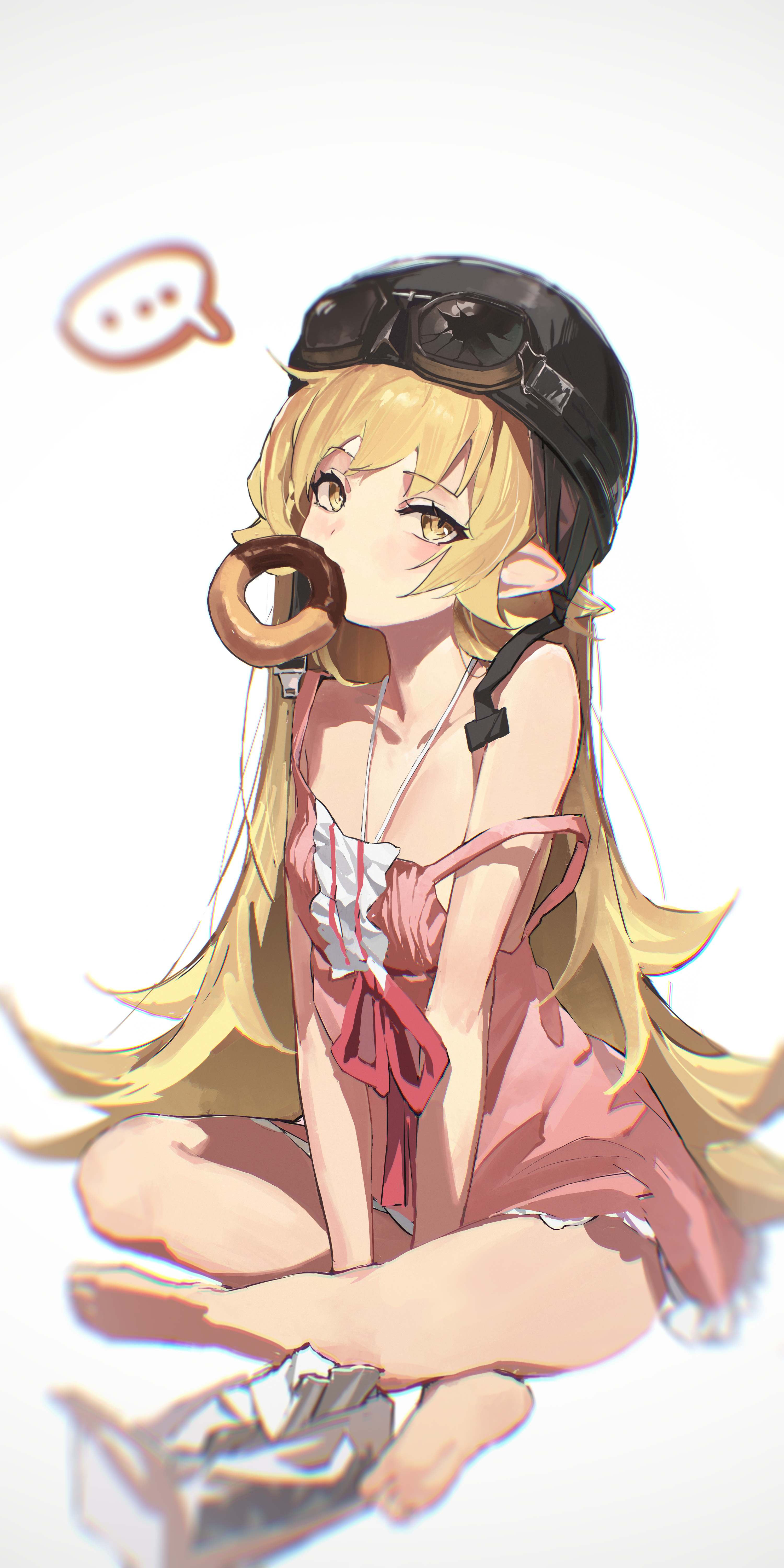 berserker r, oshino shinobu, monogatari (series), absurdres, highres, 1girl, aviator cap, aviator goggles, bare shoulders, barefoot, blonde hair, blush, donut, dress, food, food in mouth, goggles, goggles on head, long hair, looking at viewer, pink dress, pointy ears, solo, yellow eyes