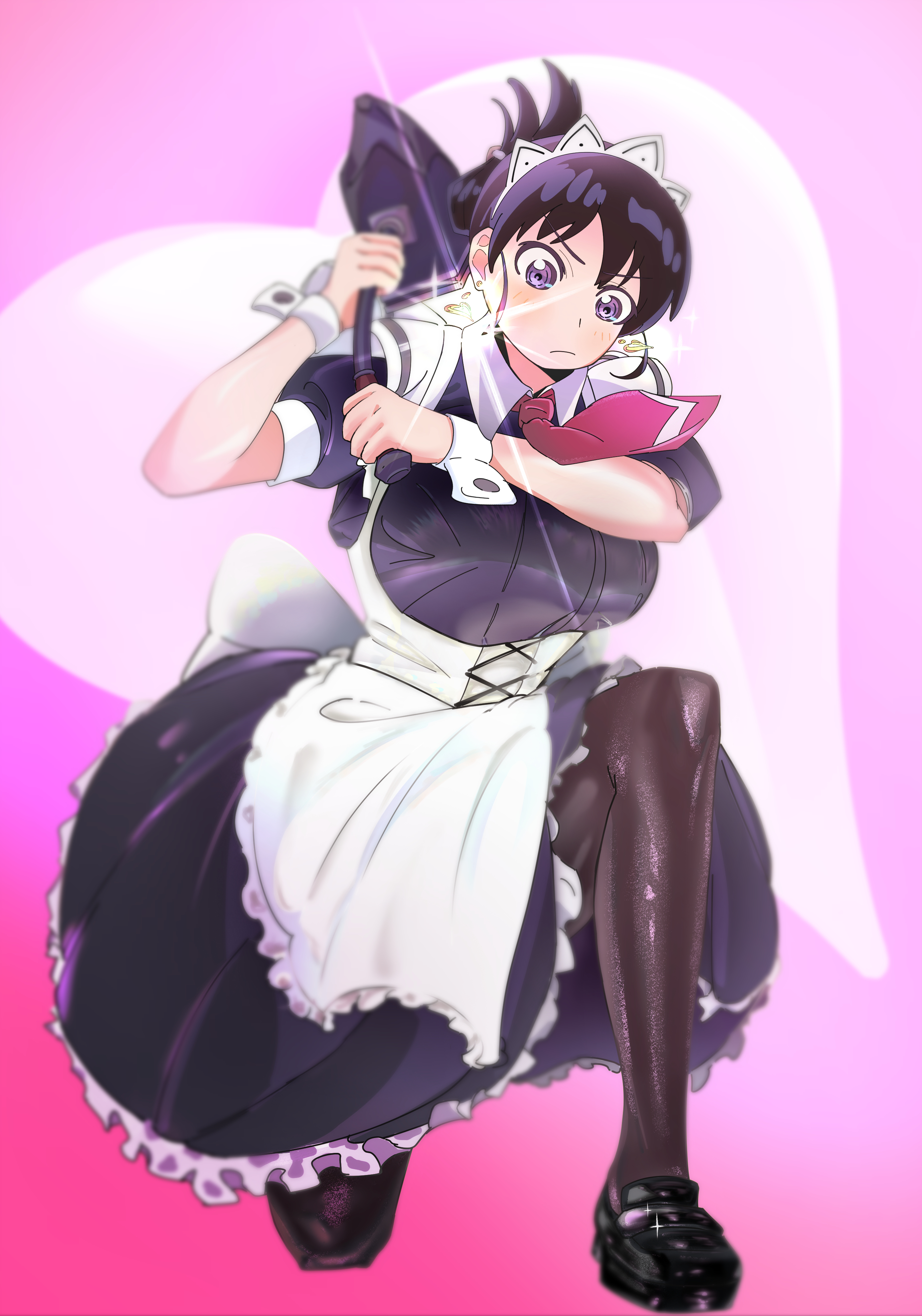arato nagi, ruri no houseki, absurdres, commentary, highres, 1girl, apron, black dress, black hair, blush, breasts, chisel, closed mouth, collared dress, dress, earrings, folded ponytail, frilled dress, frills, hammer, heart, heart earrings, holding, holding hammer, jewelry, large breasts, maid, maid apron, maid headdress, necktie, official alternate costume, official alternate hairstyle, pink background, puffy short sleeves, puffy sleeves, purple eyes, red necktie, short sleeves, smile, solo, user nmwp4827, white apron, white wrist cuffs, wrist cuffs