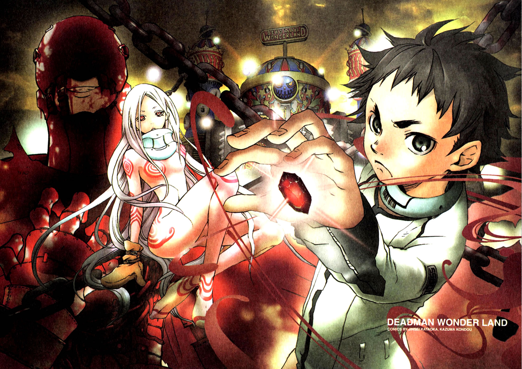 kondou kazuma, igarashi ganta, red man, shiro (deadman wonderland), deadman wonderland, highres, official art, 1boy, 1girl, black eyes, blood, bodysuit, long hair, red eyes, white hair