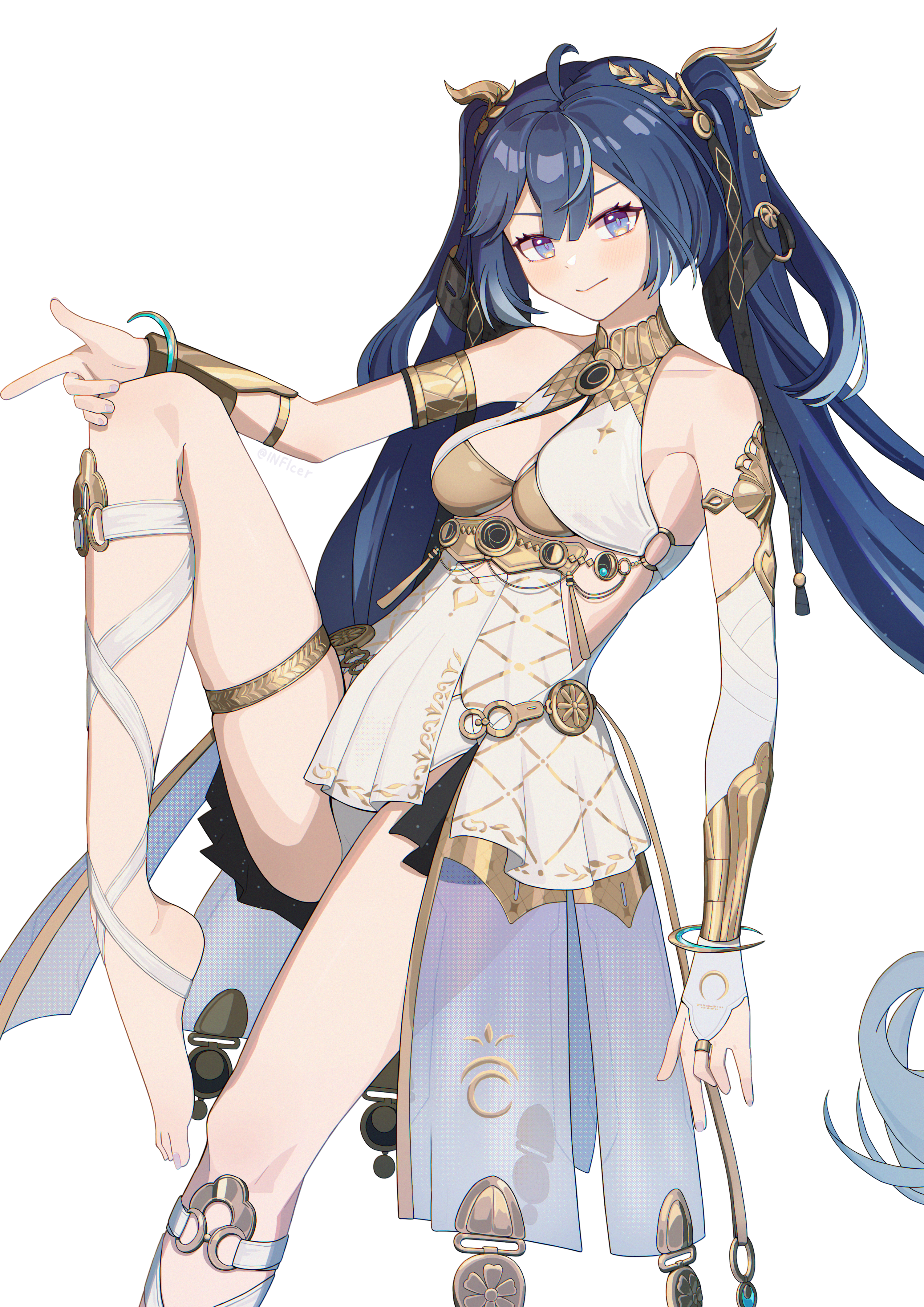 inficer, iuno (wuthering waves), wuthering waves, absurdres, commentary request, highres, 1girl, ahoge, ancient greek clothes, armlet, bare shoulders, barefoot, black skirt, blue hair, breasts, bridal gauntlets, closed mouth, foot out of frame, gold bra, gradient hair, greco-roman clothes, hair belt, jewelry, laurel crown, leg up, leg wrap, light blush, long hair, looking at viewer, medium breasts, multicolored hair, showgirl skirt, simple background, single bridal gauntlet, skirt, solo, thighlet, thighs, twintails, vambraces, very long hair, white background, white bridal gauntlets