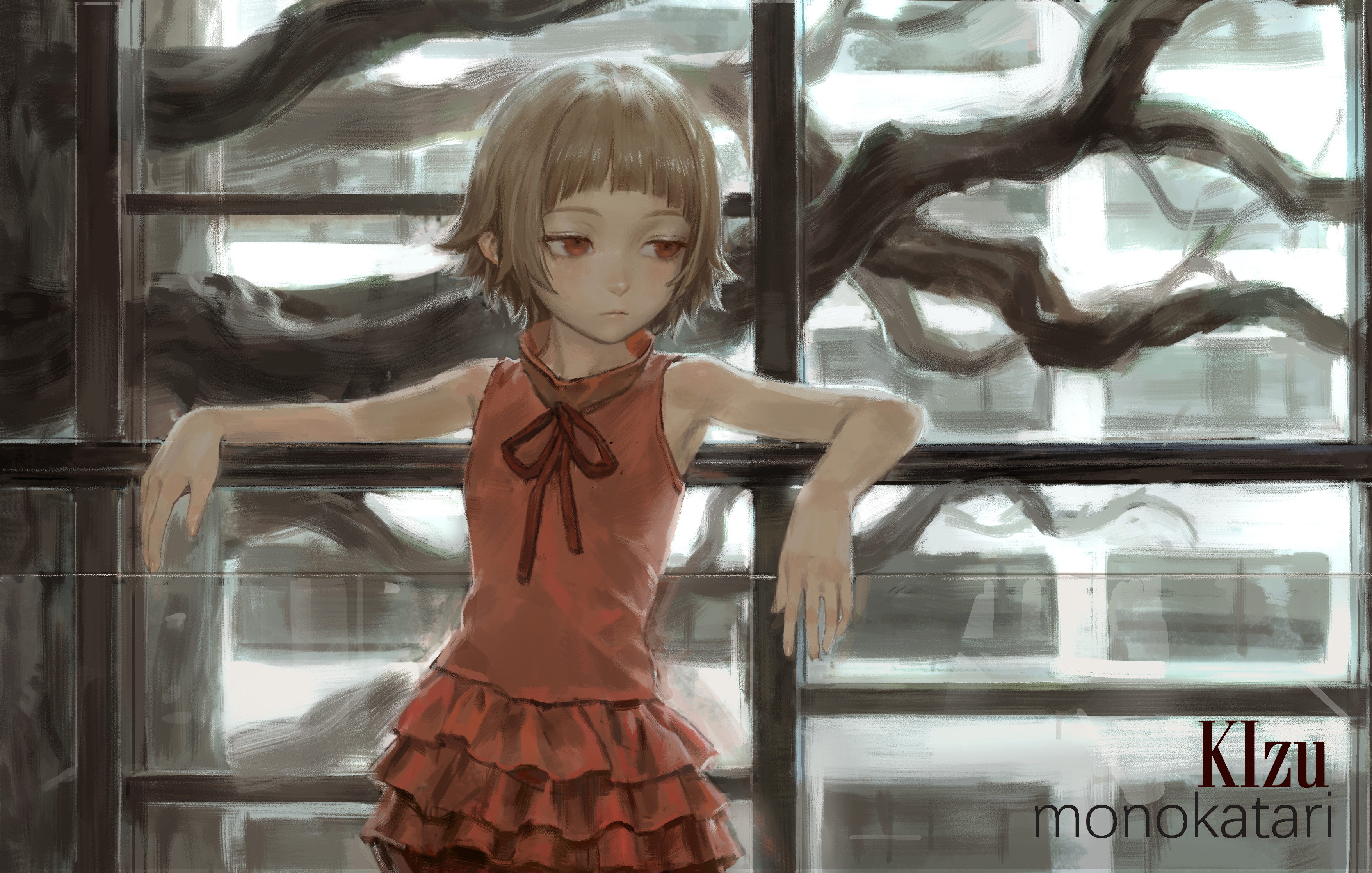 solipsist, oshino shinobu, kizumonogatari, monogatari (series), absurdres, highres, 1girl, arched bangs, bare arms, bare shoulders, blonde hair, blunt bangs, blush, closed mouth, dress, looking to the side, pointy ears, red dress, red eyes, short hair, sleeveless, sleeveless dress, solo, vampire