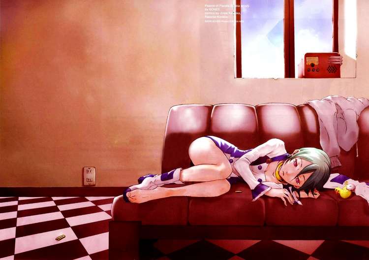 eureka (eureka seven), eureka seven, eureka seven (series), 00s, 1girl, couch, electrical outlet, female focus, green hair, lying, radio, red eyes, sad, sepia, solo, toy