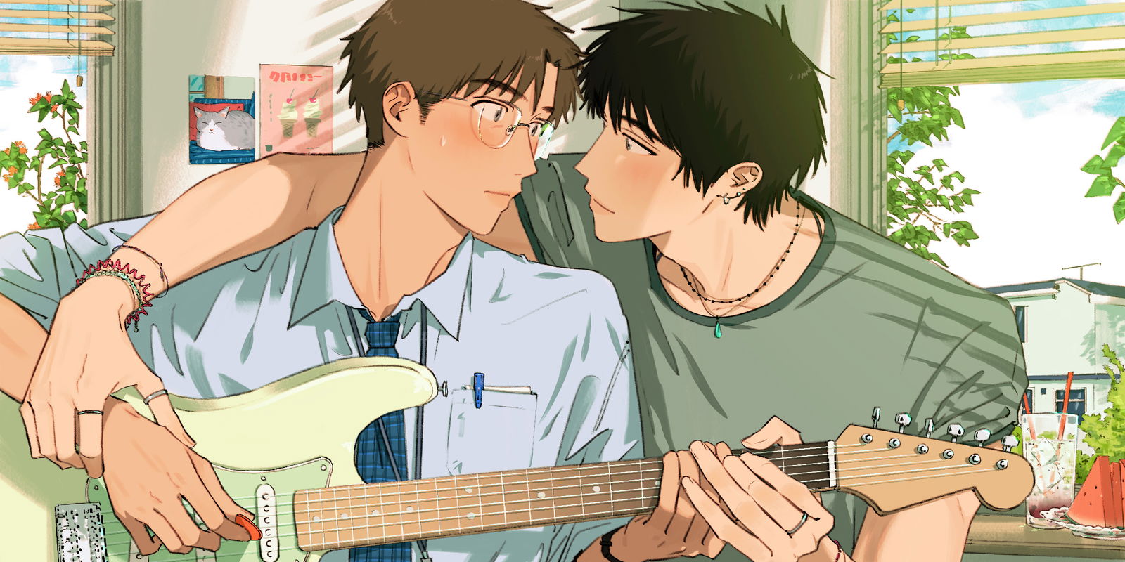 highres, official art, 2boys, a first of summers, adam's apple, black hair, bracelet, brown hair, cha yeo-reum, closed mouth, collared shirt, couple, cup, ear piercing, earrings, electric guitar, eye contact, fender jazzmaster, food, fruit, green shirt, guitar, hand on another's wrist, im hyeon-seon, instrument, jewelry, looking at another, male focus, multiple boys, multiple rings, necklace, necktie, object in pocket, pen in pocket, piercing, plate, plectrum, pocket, pppanghouse, ring, shirt, short hair, sideburns, sunlight, thumb ring, upper body, watermelon, watermelon slice, white shirt, window, yaoi