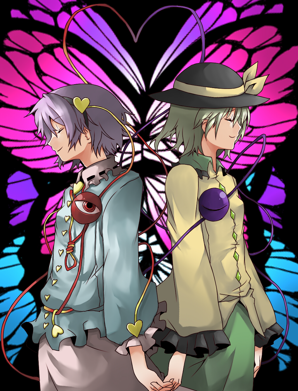 hitoto, komeiji koishi, komeiji satori, touhou, bad id, bad pixiv id, highres, 2girls, back-to-back, bug, butterfly, closed eyes, female focus, hat, heart, heart of string, holding hands, insect, multiple girls, pink eyes, pink hair, profile, ribbon, short hair, siblings, sisters, third eye