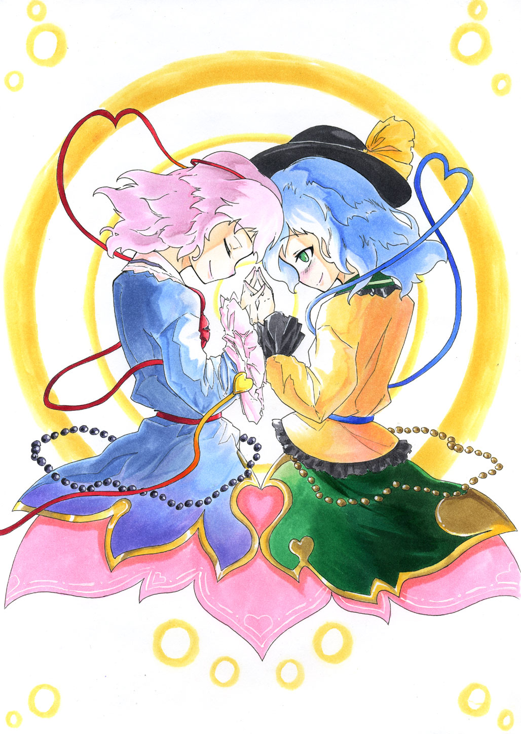 komeiji koishi, komeiji satori, touhou, highres, 2girls, black hat, blouse, blue shirt, female focus, hat, heart, heart of string, holding hands, multiple girls, pink hair, shirt, siblings, sisters, yellow shirt