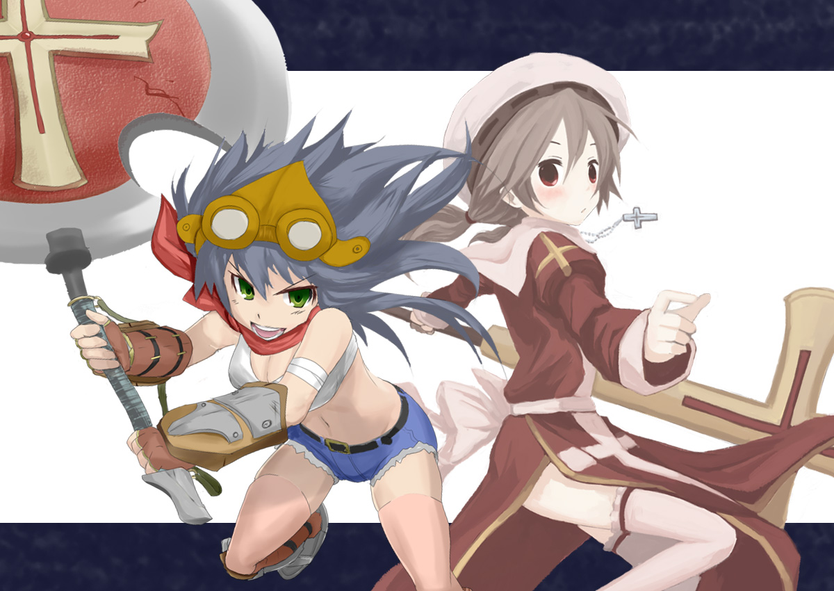 mugi (banban53), weroro, blacksmith (ragnarok online), high priest (ragnarok online), ragnarok online, commentary request, 2girls, armored boots, axe, back bow, blue shorts, blush, boots, bow, breasts, brown gloves, cleavage, closed mouth, crop top, cross, cross necklace, dress, feet out of frame, fingerless gloves, gloves, goggles, goggles on head, green eyes, grey hair, hat, holding, holding axe, holding staff, jewelry, juliet sleeves, long hair, long sleeves, looking at viewer, low ponytail, medium breasts, midriff, multiple girls, navel, necklace, open mouth, pelvic curtain, ponytail, puffy sleeves, red dress, red eyes, sash, shirt, short shorts, shorts, sleeveless, sleeveless shirt, smile, staff, thighhighs, two-tone dress, v-shaped eyebrows, white background, white bow, white hat, white sash, white shirt, white thighhighs