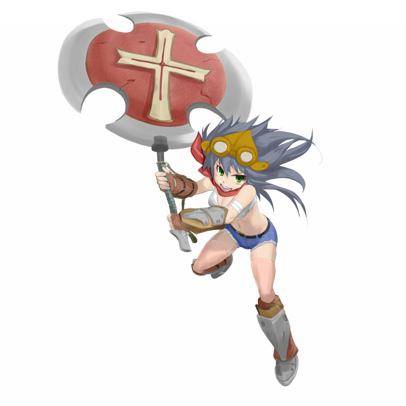 weroro, blacksmith (ragnarok online), ragnarok online, commentary request, 1girl, armored boots, axe, blue shorts, blush, boots, breasts, brown gloves, cleavage, crop top, fingerless gloves, full body, gloves, goggles, goggles on head, green eyes, grey hair, holding, holding axe, long hair, looking at viewer, medium breasts, midriff, navel, open mouth, shirt, short shorts, shorts, simple background, sleeveless, sleeveless shirt, smile, solo, v-shaped eyebrows, white background, white shirt