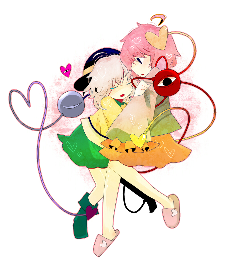 komeiji koishi, komeiji satori, touhou, 2girls, ahoge, black hat, blouse, blue shirt, female focus, hat, heart, heart of string, miniskirt, multiple girls, pink eyes, pink hair, shirt, siblings, sisters, skirt, yellow shirt