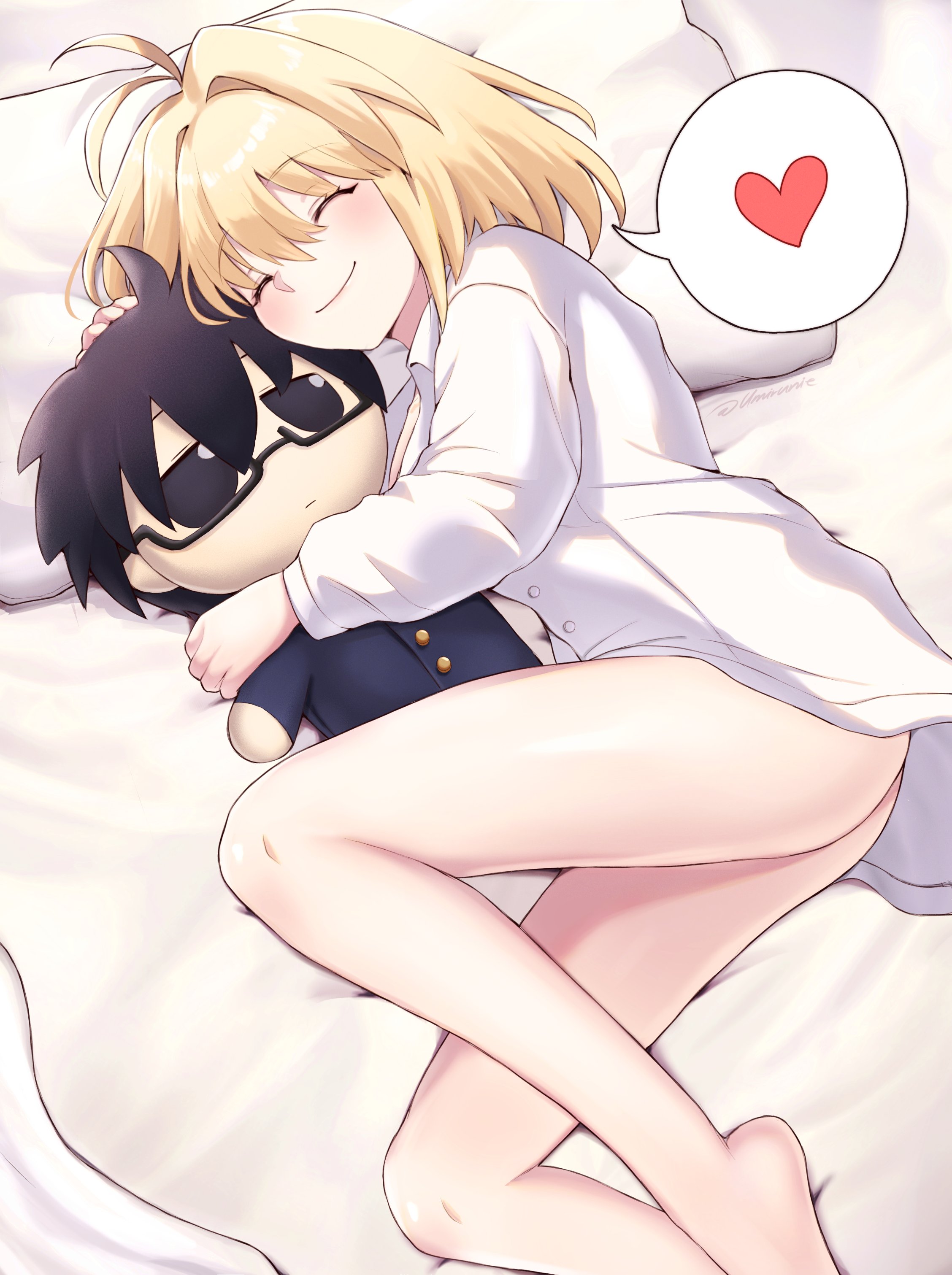 umirunie, arcueid brunestud, tsukihime, tsukihime (remake), absurdres, highres, 1girl, ahoge, ass, bed, black eyes, black hair, blonde hair, blush, bottomless, closed eyes, collared shirt, glasses, hair intakes, happy, heart, hug, legs, on bed, pillow, school uniform, shirt, short hair, sleeve cuffs, smile, souya high school uniform, spoken heart, stuffed toy, thighs, white shirt