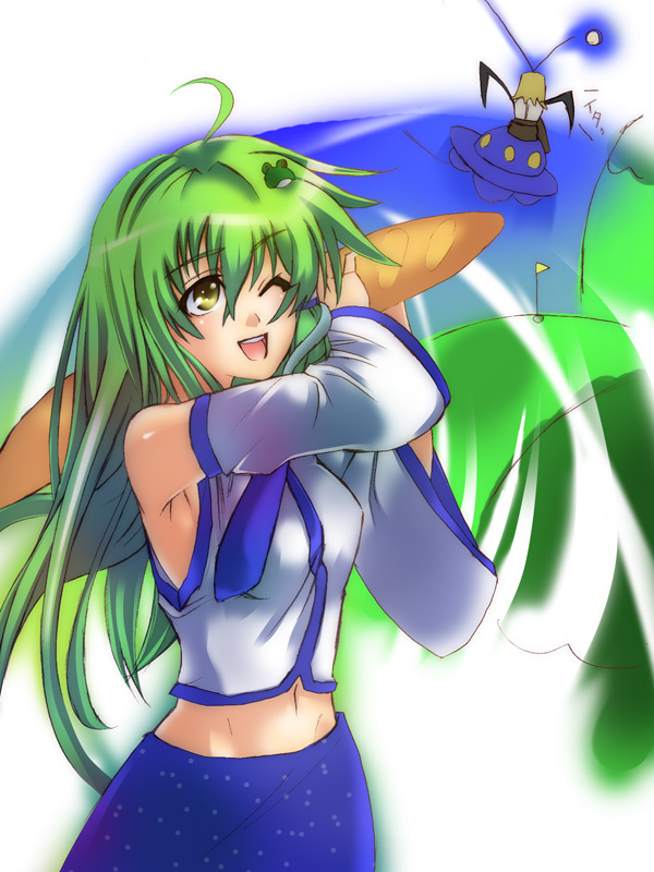 kochiya sanae, touhou, 1girl, ahoge, baguette, bread, female focus, food, golf, gradient background, hair between eyes, hair tubes, navel, single hair tube, solo, standing, ufo, what, white background